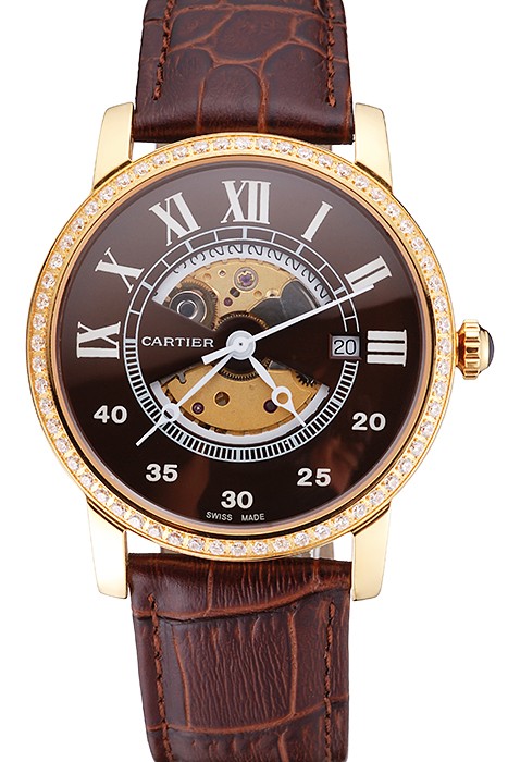 Swiss Cartier Rotonde Small Complication Brown Dial Gold Diamond Case Brown Leather Strap