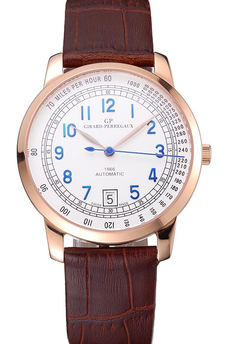 Swiss Girard-Perregaux 1966 Automatic White Dial Gold Case Blue Numerals Brown Leather Strap
