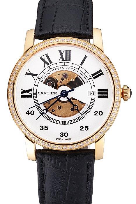 Swiss Cartier Rotonde Small Complication White Dial Gold Diamond Case Black Leather Strap