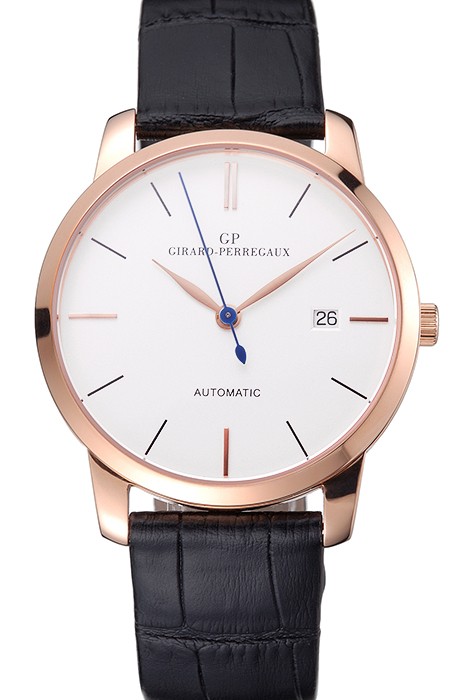 Swiss Girard-Perregaux 1966 White Dial Gold Case Black Leather Strap