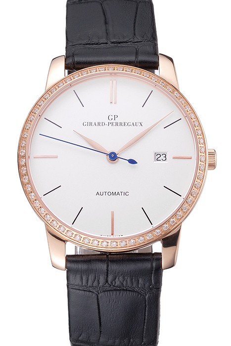 Swiss Girard-Perregaux 1966 White Dial Gold Diamond Case Black Leather Strap