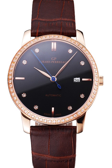 Swiss Girard-Perregaux 1966 Black Dial Gold Diamond Case Brown Leather Strap