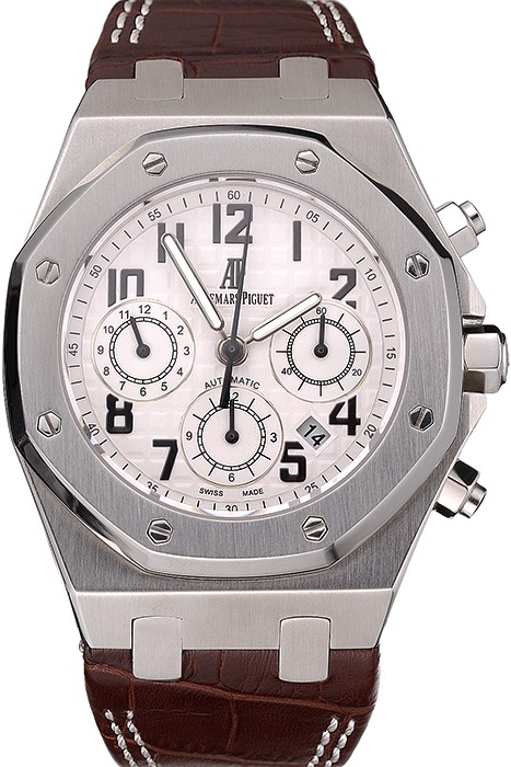 Swiss Audemars Piguet Royal Oak Chronograph White Dial Stainless Steel Case Brown Leather Strap  622864