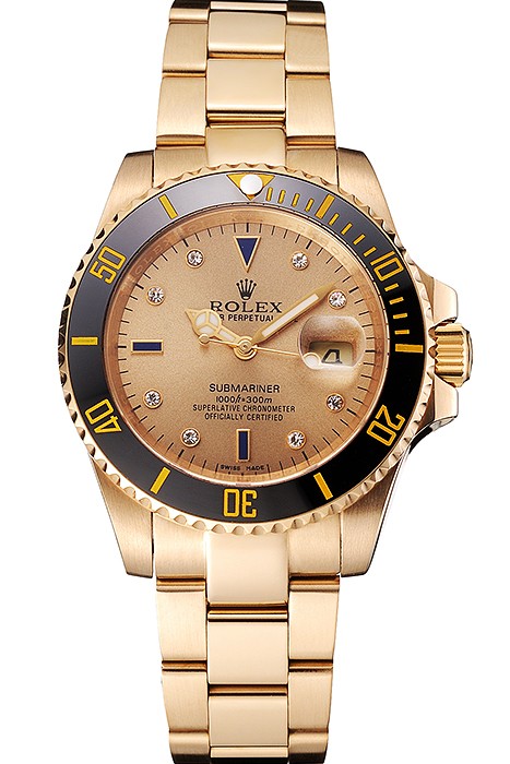 Swiss Rolex Submariner Gold Dial With Diamond Markings Black Bezel Yellow Gold Case And Bracelet