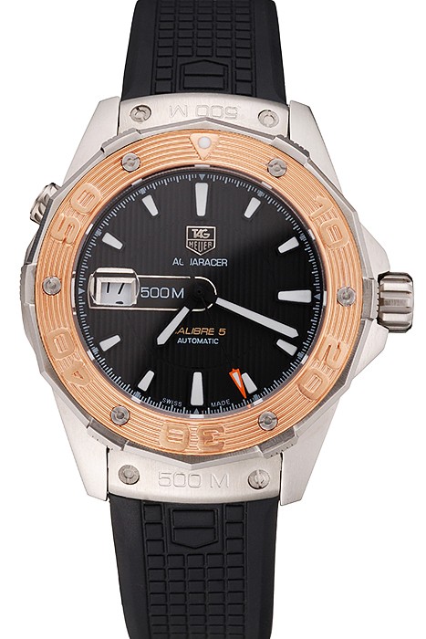 Swiss Tag Heuer Aquaracer Calibre 5 Black Dial Gold Bezel Stainless Steel Case Black Rubber Strap
