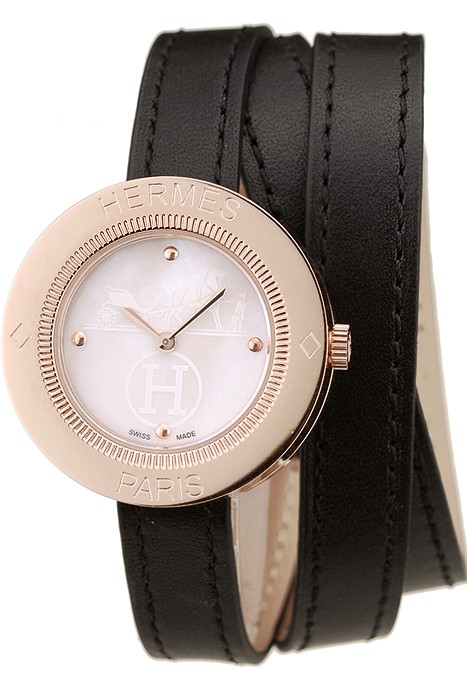 Hermes Classic MOP Dial Black Elongated Leather Strap