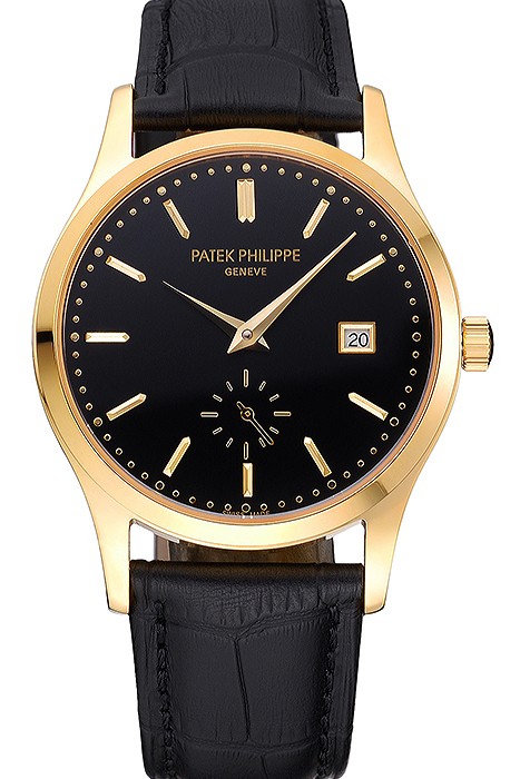 Patek Philippe Calatrava Black Dial Gold Case Black Leather Strap  622845
