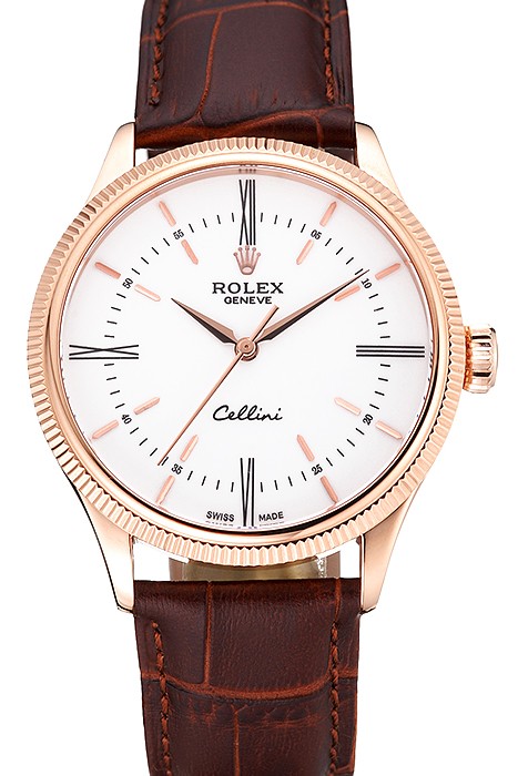 Swiss Rolex Cellini Time Gold Case White Dial Brown Leather Bracelet   622655
