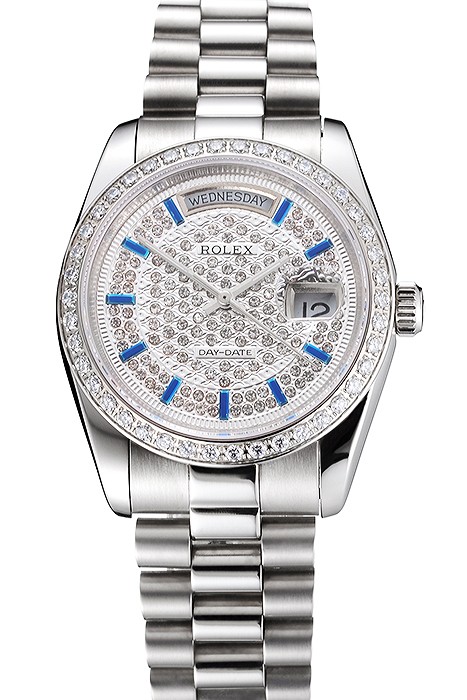 Swiss Rolex Day Date Diamond Pave Dial And Bezel Stainless Steel Case And Bracelet