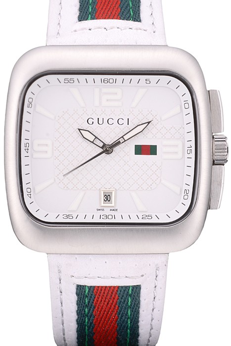 Gucci White Leather Strap Polished Stainless Steel Bezel White Dial 80218