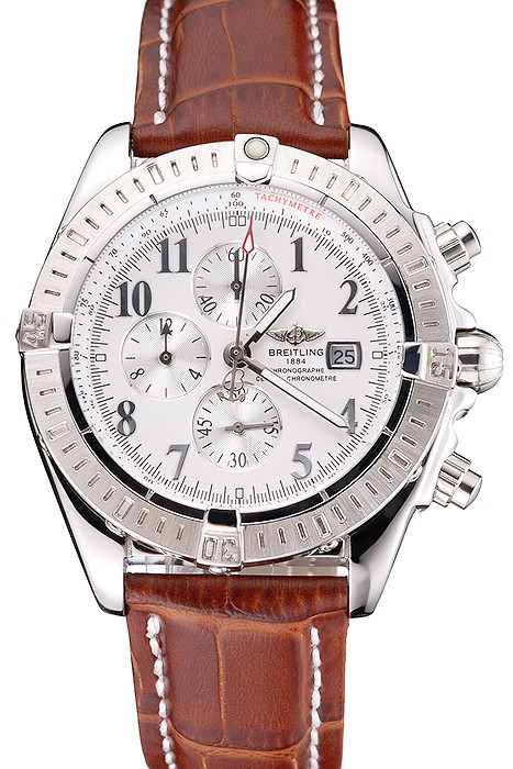 Breitling Chronomat 13 Stainless Steel Case White Dial Arabic Numerals Brown Leather Bracelet 622238