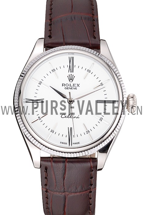 Rolex Cellini White Dial Stainless Steel Case Brown Leather Strap 622839