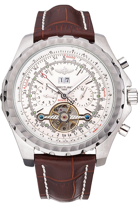 Breitling Bentley Mulliner Tourbillon White Dial Stainless Steel Case Brown Leather Strap  622729
