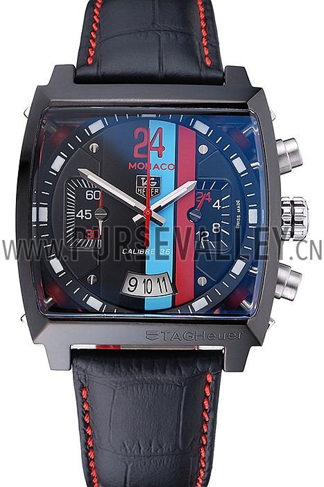 Tag Heuer Monaco Calibre 36 Blue And Red Dial Stripes Dial Black Leather Strap 622272