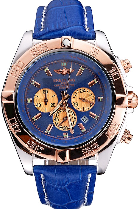 Breitling Chronomat Blue Dial Rose Gold Bezel And Subdials Stainless Steel Case Blue Leather Strap