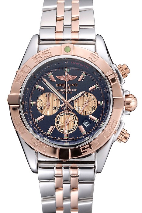 Breitling Chronomat Black Dial Rose Gold Bezel And Subdials Stainless Steel Case Two Tone Bracelet