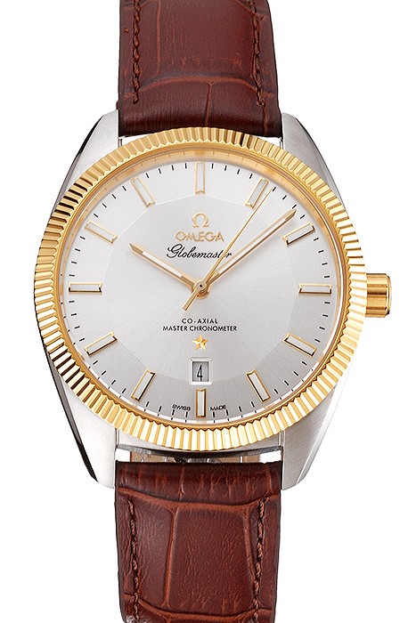 Omega Globemaster Silver Dial Gold Bezel Stainless Steel Case Brown Leather Strap