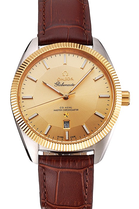 Omega Globemaster Gold Dial And Bezel Stainless Steel Case Brown Leather Strap