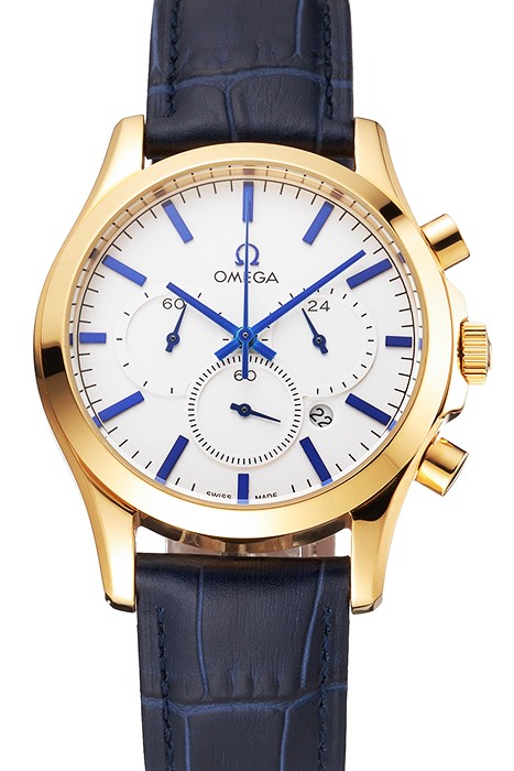 Omega Chronograph White Dial Gold Case Blue Leather Strap