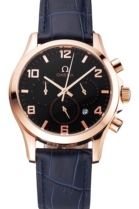 Omega Chronograph Black Dial Rose Gold Case Blue Leather Strap