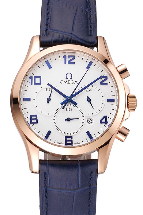 Omega Chronograph White Dial Rose Gold Case Blue Leather Strap