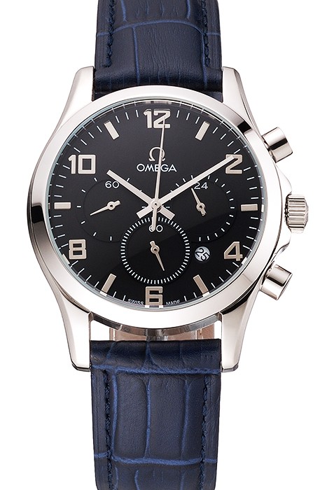 Omega Chronograph Black Dial Stainless Steel Case Blue Leather Strap