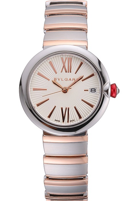 Bvlgari Lvcea White Dial Rose Gold Numerals Stainless Steel Case Two Tone Bracelet