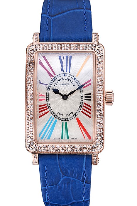 Franck Muller Long Island Classic White Dial Diamonds Case Blue Leather Band  622376