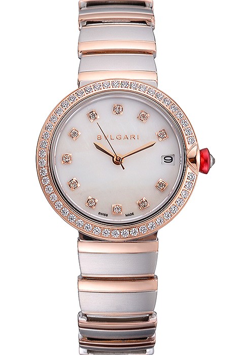 Bvlgari Lvcea White Dial Diamond Hour Markings Rose Gold Case With Diamonds Two Tone Bracelet