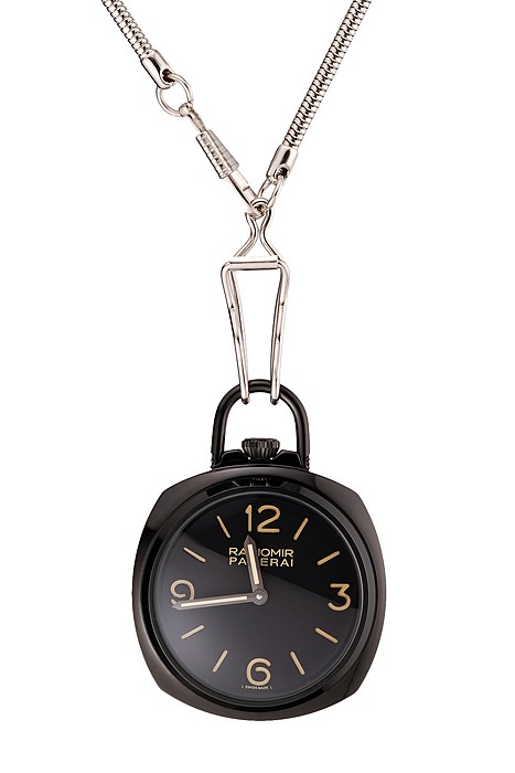Swiss Panerai Radiomir Pocket Watch Black Dial Black Plated Case Stainless Steel Chain 1453742