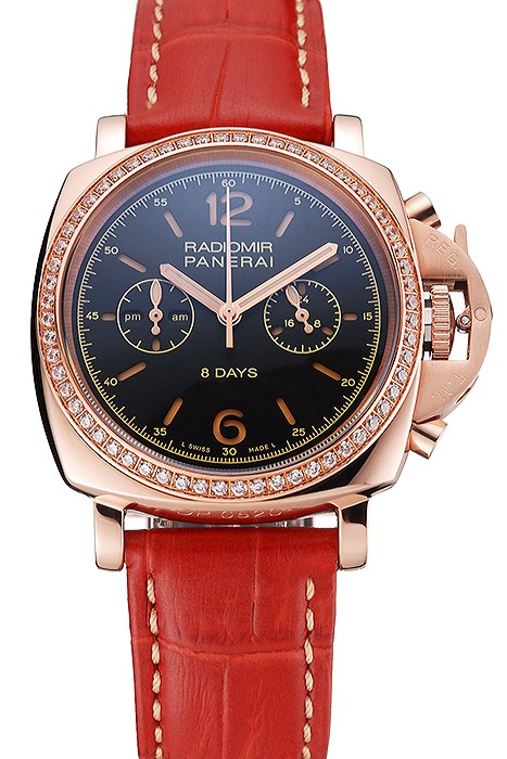 Panerai Radiomir 8 Days Chronograph Black Dial Diamond Bezel Rose Gold Case Red Leather Strap 1453797
