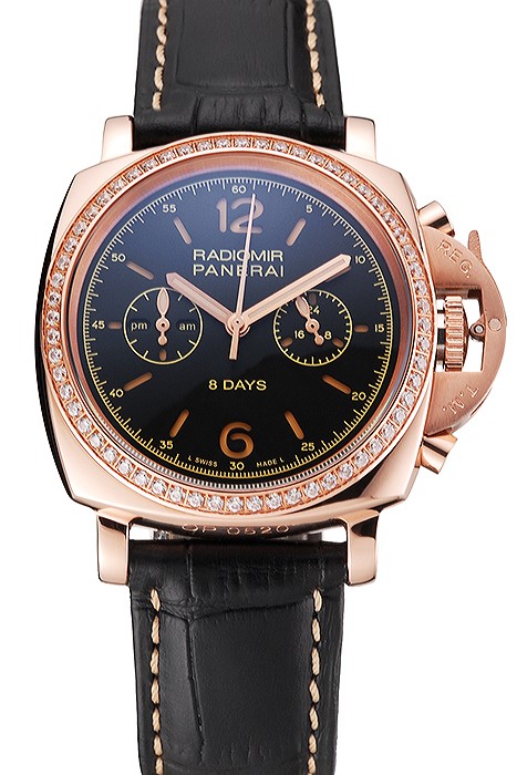 Panerai Radiomir 8 Days Chronograph Black Dial Diamond Bezel Rose Gold Case Black Leather Strap 1453798