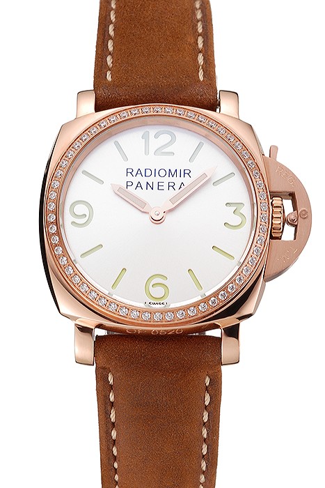 Panerai Radiomir White Dial Diamond Bezel Rose Gold Case Brown Suede Leather Strap 1453799
