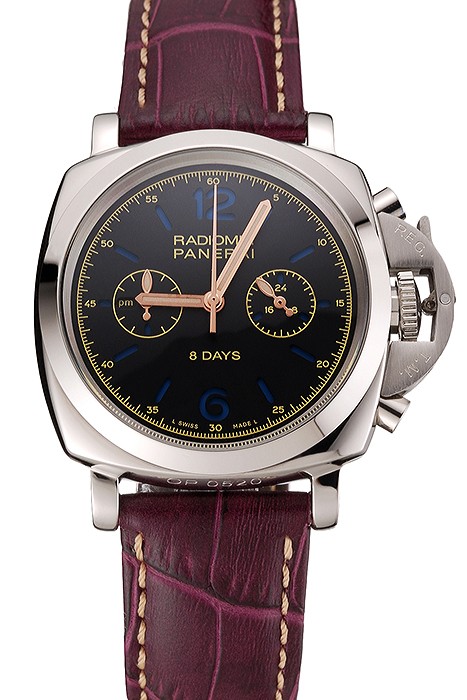 Panerai Radiomir 8 Days Chronograph Black Dial Stainless Steel Case Plum Leather Strap 1453795