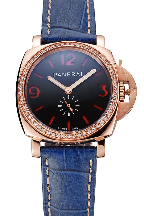 Panerai Radiomir Black Dial Diamond Bezel Rose Gold Case Blue Leather Strap 1453800