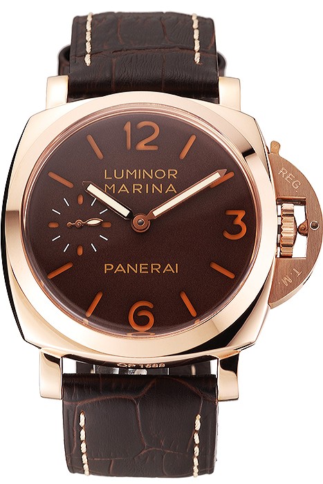Swiss Panerai Luminor Marina Brown Dial Rose Gold Case Brown Leather Strap 1453843