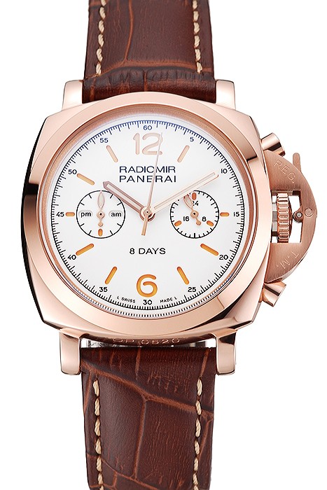 Panerai Radiomir 8 Days Chronograph White Dial Rose Gold Case Brown Leather Strap 1453796