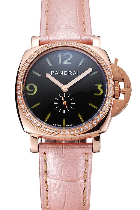Panerai Radiomir Black Dial Diamond Bezel Rose Gold Case Pink Leather Strap 1453801