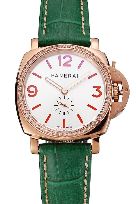 Panerai Radiomir White Dial Diamond Bezel Rose Gold Case Green Leather Strap 1453803
