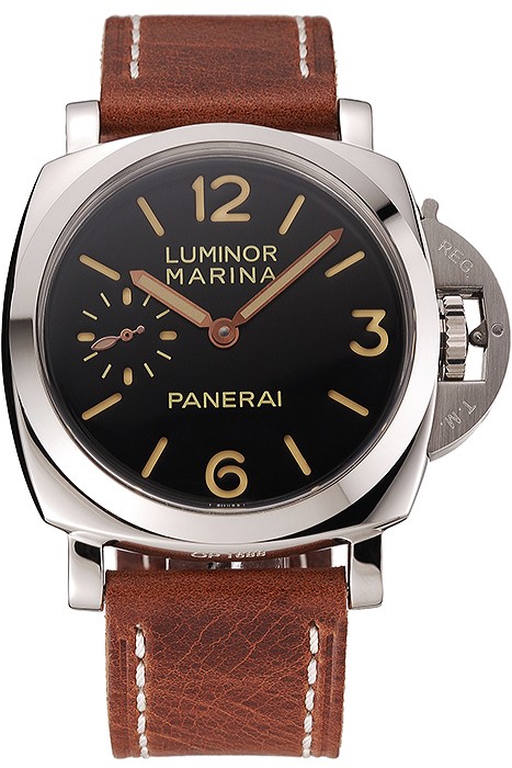 Swiss Panerai Luminor Marina Black Dial Stainless Steel Case Brown Leather Strap 1453852