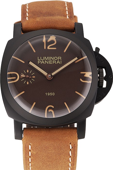 Swiss Panerai Luminor 1950 Brown Dial Black PVD Case Brown Suede Leather Strap 1453848