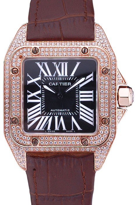 Swiss Cartier Santos Black Dial Diamonds Case Brown Leather Bracelet  622550