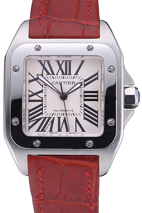 Swiss Cartier Santos White Dial Stainless Steel Case Red Leather Bracelet  622551