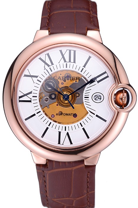 Swiss Cartier Ballon Bleu de Cartier White Dial Gold Case Brown Leather Bracelet  622552