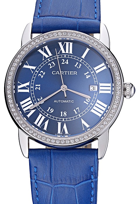 Swiss Cartier Ronde Solo Stainless Steel Diamond Case Blue Dial Roman Numerals  622197