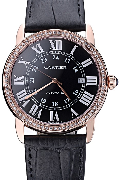 Swiss Cartier Ronde Solo Gold Diamond Case Black Dial Roman Numerals  622207