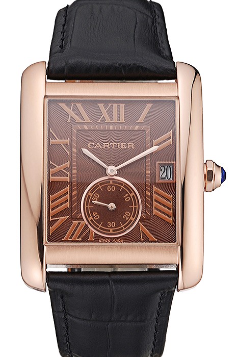 Cartier Tank MC Brown Dial Gold Case Black Leather Strap  622581