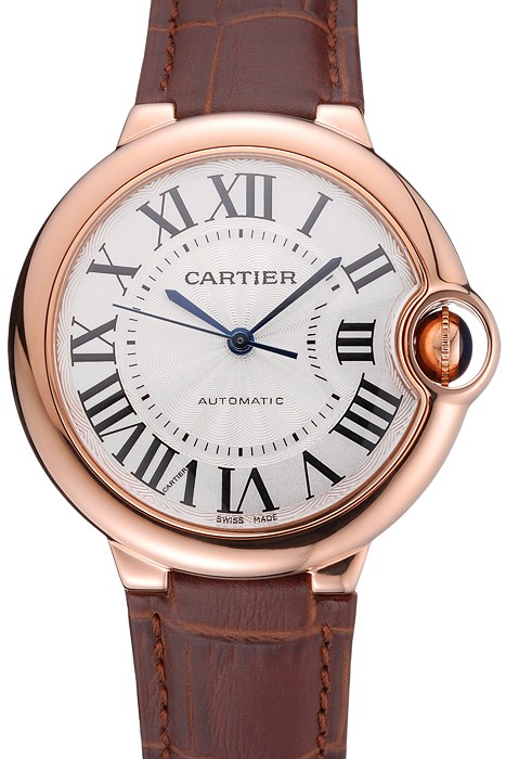 Swiss Ballon Blue De Cartier Gold Case White Dial Roman Numerals Brown Leather Bracelet   622651