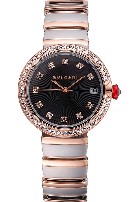 Bvlgari Lvcea Black Dial Diamond Hour Markings Rose Gold Case With Diamonds Two Tone Bracelet