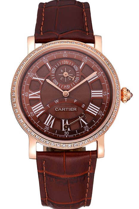Cartier Rotonde Brown Dial Gold Case With Jewels Brown Leather Strap  622759